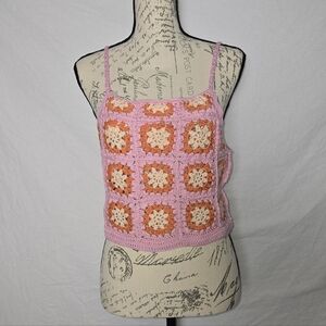 Le Lis Pink & Orange Crochet Granny Square Crop Top – Boho Festival Tank - L